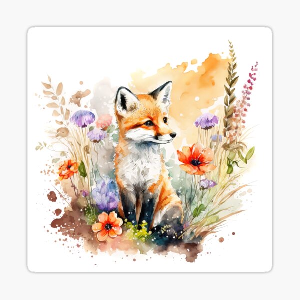 Item preview, Watercolor Cute Baby Fox Sitting in the Flowers, Realistic Watercolor Fox Cub designed and sold by MoonFoxDesign.