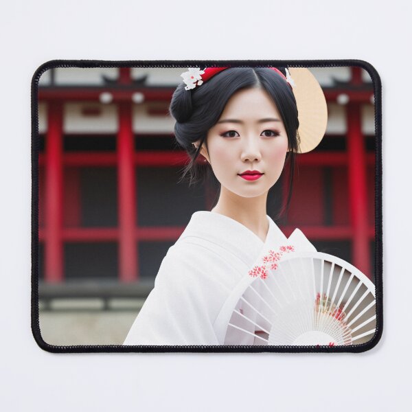 Artikelvorschau, Schöne japanische Geisha in einem weißen Kimono, der einen Fan vor einem Tempel hält entworfen und verkauft von AlePosters.