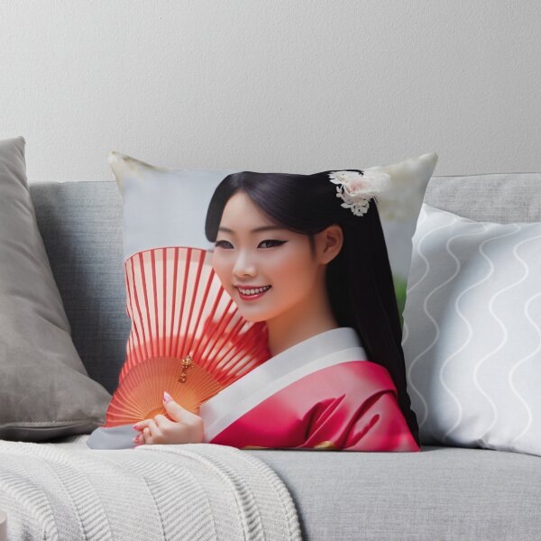 Artikelvorschau, Schöne japanische Geisha in einem weißen und roten Kimono, der einen Fächer hält entworfen und verkauft von AlePosters.