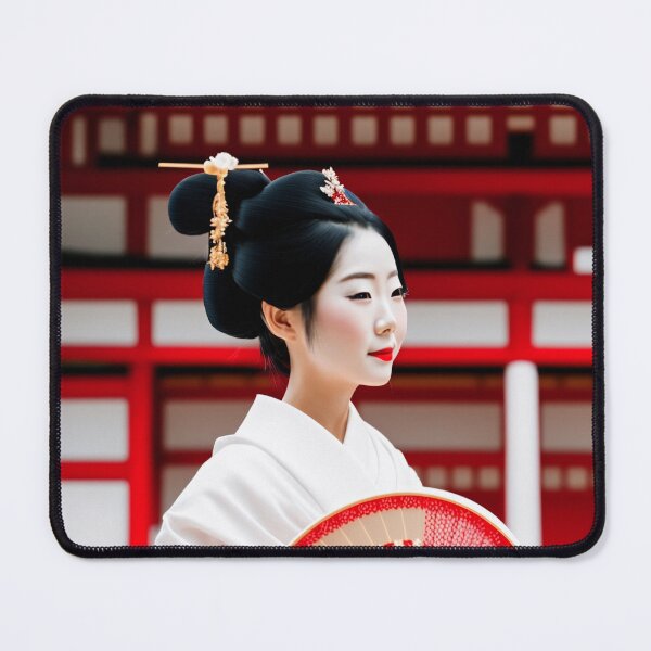 Aperçu de l'œuvre Belle Geisha japonaise dans un kimono blanc tenant un ventilateur devant un temple créée et vendue par AlePosters.