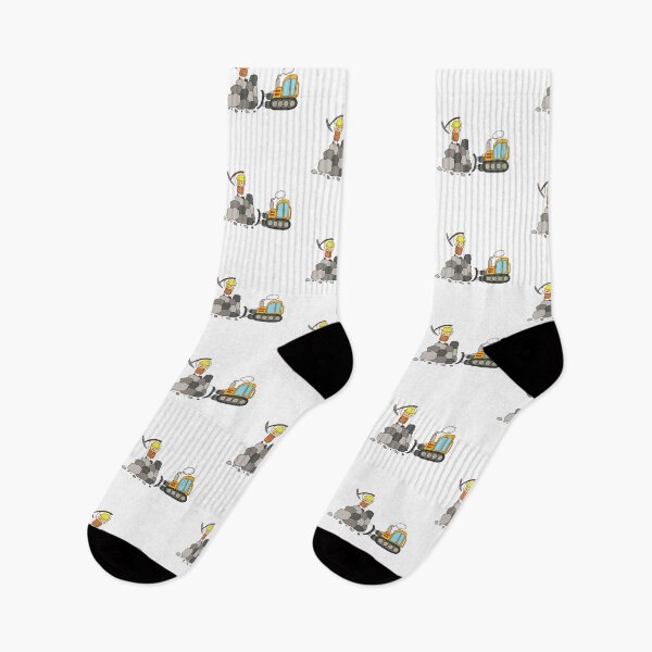 Item preview, kids drawing of Construction worker hitting and mining with pickaxe with bulldozer pushing rocks and dirt designed and sold by wordspotrayal.