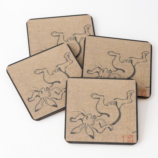 Item preview, Vintage Art Japan Wrestling Rabbits Square Design Choju Antique Japanese Rabbit designed and sold by kattakitty.