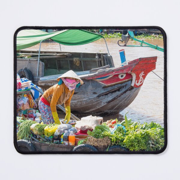 Item preview, Vietnamese lady on mekong river with boat designed and sold by Martin Berry Photography.