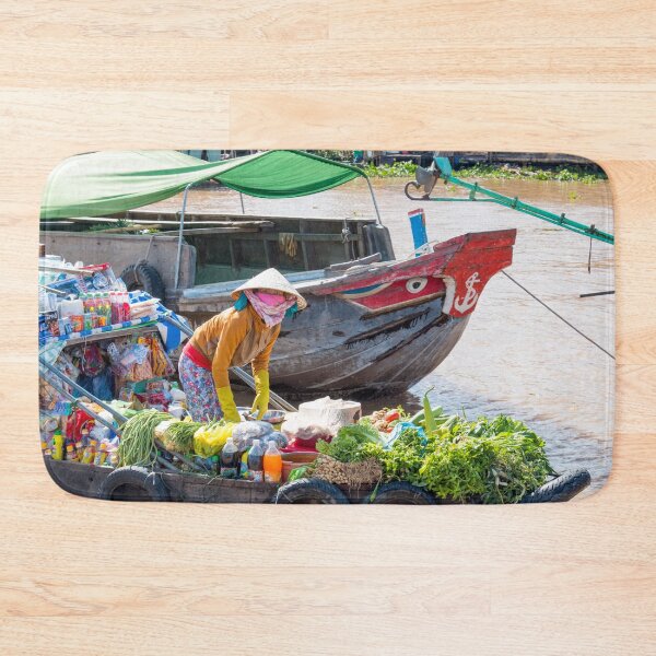 Item preview, Vietnamese lady on mekong river with boat  designed and sold by Martin Berry Photography.