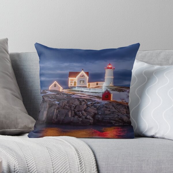 Nubble Lighthouse Christmas Lights Throw Pillow