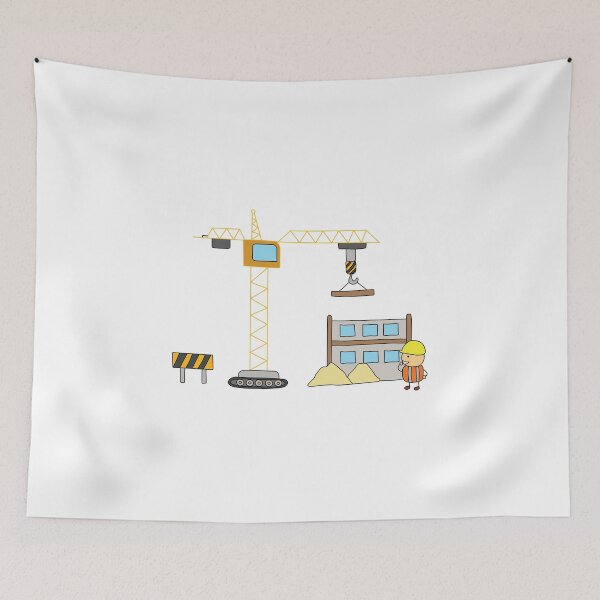 Item preview, Kids drawing of building construction scene with worker and tower crane designed and sold by wordspotrayal.