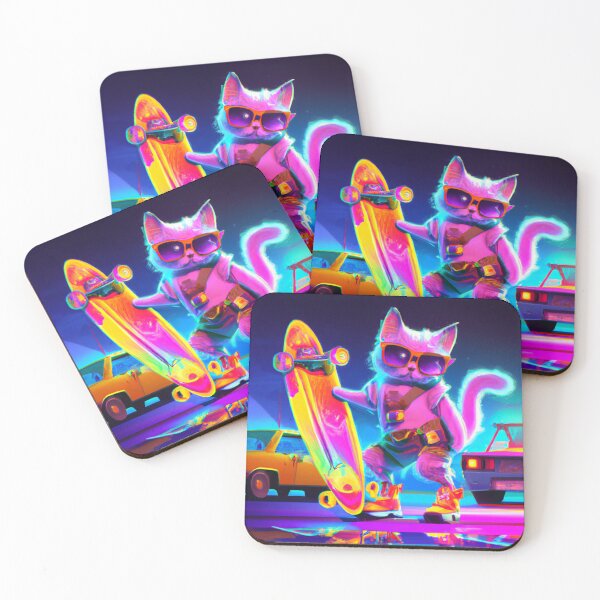 Item preview, Synthwave cat with yellow glasses on a skateboard next to a car designed and sold by T-Shirt-Group.