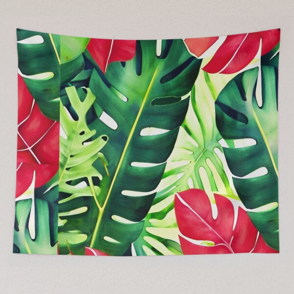 Item preview, Red Green Monstera Leaves - Tropical Leaf Pattern designed and sold by Ascooepics.