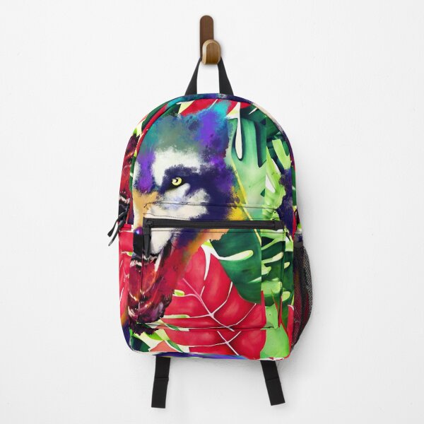 Item preview, Wolf head Colorful watercolor with tropical monstera leaves designed and sold by Ascooepics.