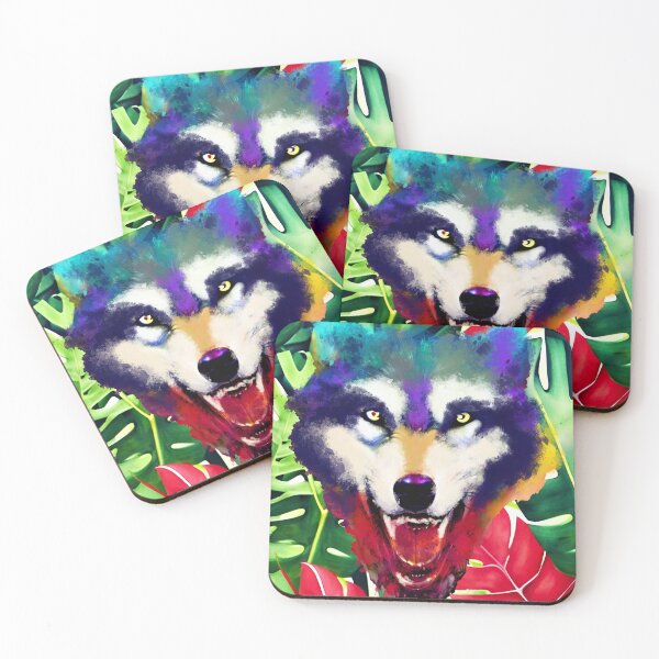 Item preview, Wolf head Colorful watercolor with tropical monstera leaves designed and sold by Ascooepics.