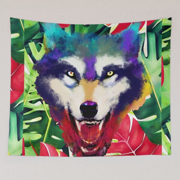 Item preview, Wolf head Colorful watercolor with tropical monstera leaves designed and sold by Ascooepics.