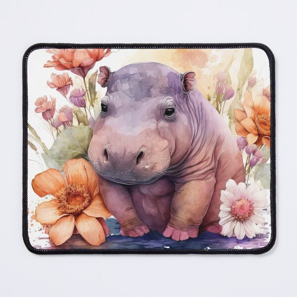 Item preview, Watercolor Cute Baby Hippopotamus in the Flowers, Hippo Calf designed and sold by MoonFoxDesign.