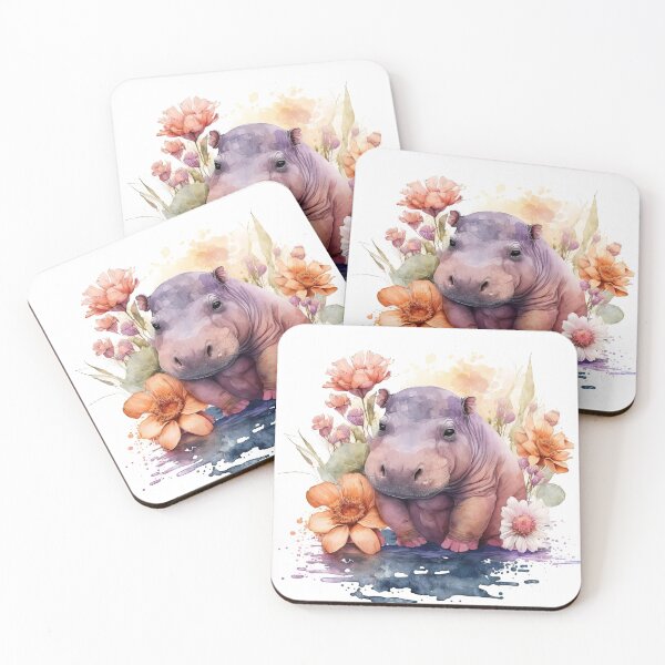Item preview, Watercolor Cute Baby Hippopotamus in the Flowers, Hippo Calf designed and sold by MoonFoxDesign.