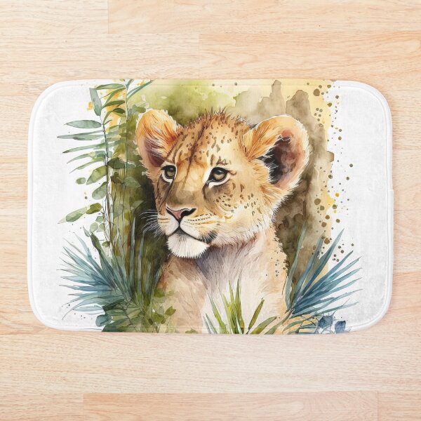 Aperçu de l'œuvre Aquarelle d'un joli bébé lion assis dans la jungle, lionceau créée et vendue par MoonFoxDesign.