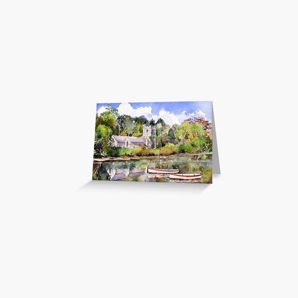 Vista previa del artículo con la obra « La iglesia de St. Just - in - Roseland del siglo XIII está construida junto a un arroyo de mareas en la costa sur de Cornwall. Es una de mis escenas de Cornualles favoritas para pintar», diseñado y vendido por Margaret Merry.