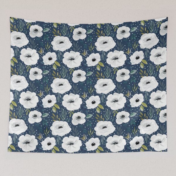 Item preview, Navy Blue and White Watercolor Floral, Elegant Winter Floral designed and sold by cateandrainn.