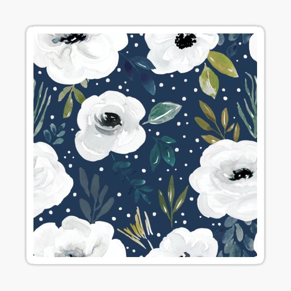 Vista previa del artículo con la obra «Floral de acuarela azul marino y blanco, elegante floral de invierno», diseñado y vendido por cateandrainn.