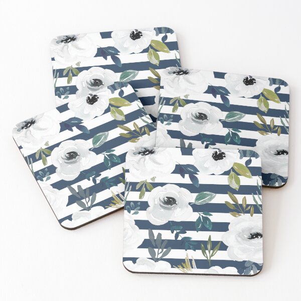 Item preview, White Watercolor Floral on Navy Blue Stripes, Elegant Winter Floral designed and sold by cateandrainn.