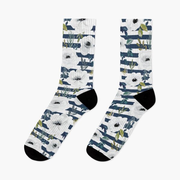 Item preview, White Watercolor Floral on Navy Blue Stripes, Elegant Winter Floral designed and sold by cateandrainn.