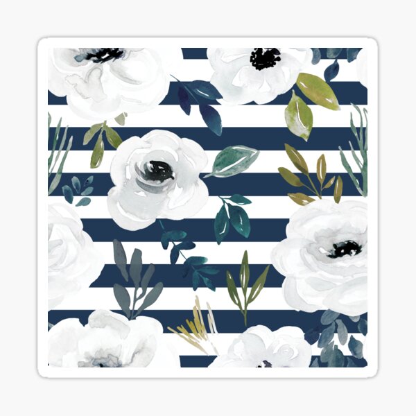 Vista previa del artículo con la obra «Acuarela floral blanca sobre rayas azul marino, elegante floral de invierno», diseñado y vendido por cateandrainn.