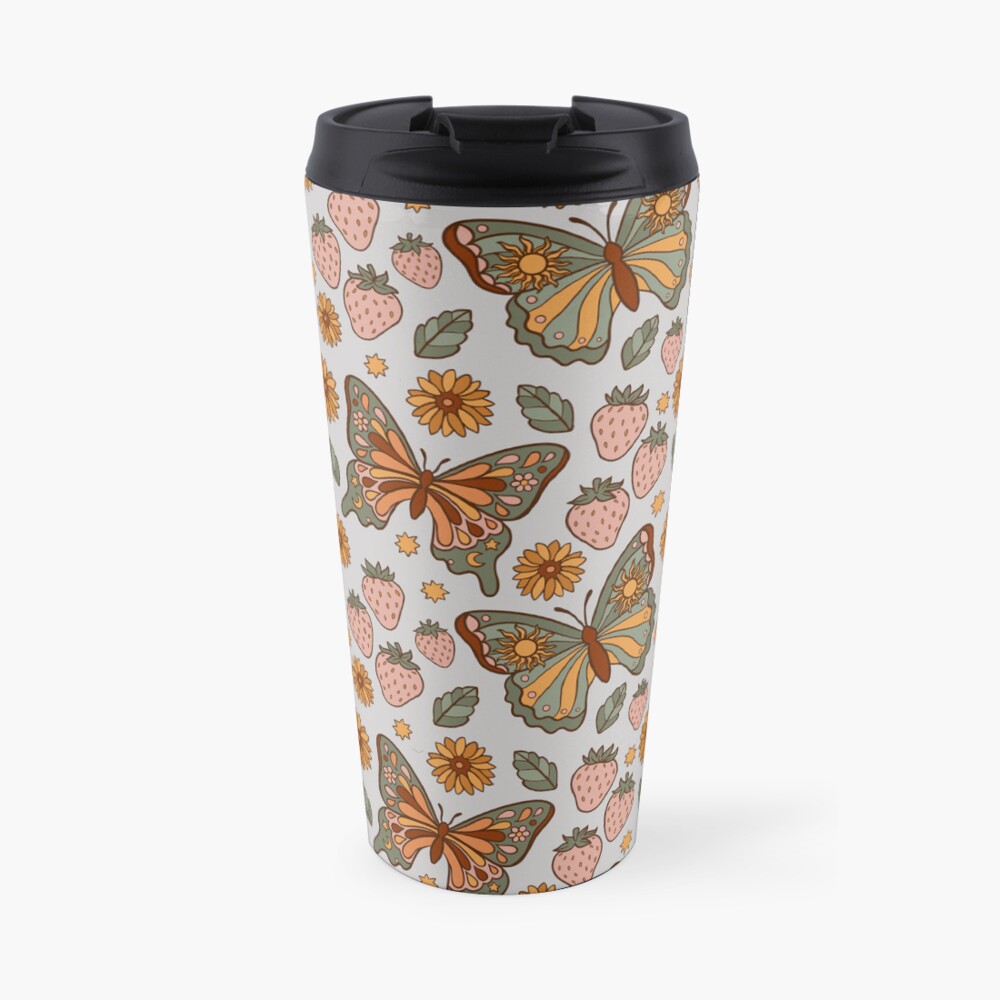Butterflies and Strawberries Pattern Travel Coffee Mug