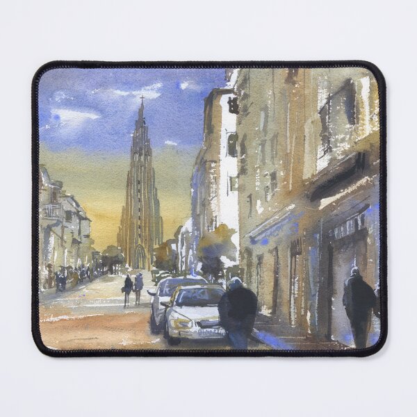 Item preview, Iceland Hallgrimskirkja church in downtown Reykjavik at sunset. Watercolor painting Iceland designed and sold by rfoxphoto.