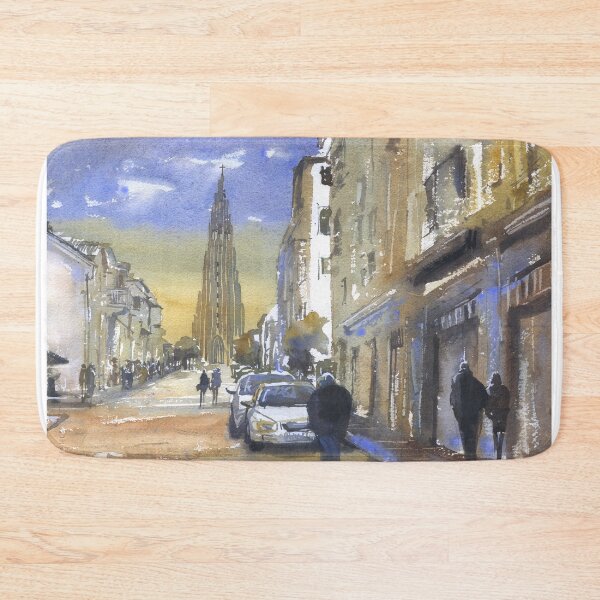 Item preview, Iceland Hallgrimskirkja church in downtown Reykjavik at sunset.  Watercolor painting Iceland designed and sold by rfoxphoto.