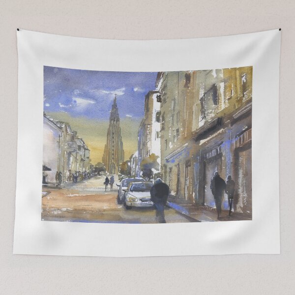 Item preview, Iceland Hallgrimskirkja church in downtown Reykjavik at sunset.  Watercolor painting Iceland designed and sold by rfoxphoto.