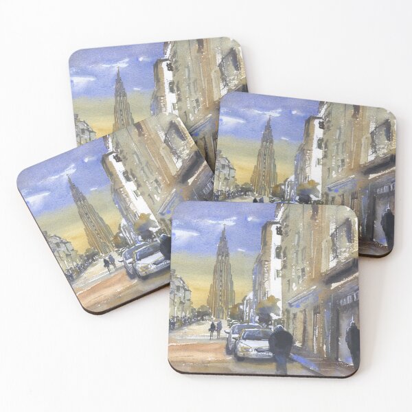 Item preview, Iceland Hallgrimskirkja church in downtown Reykjavik at sunset.  Watercolor painting Iceland designed and sold by rfoxphoto.
