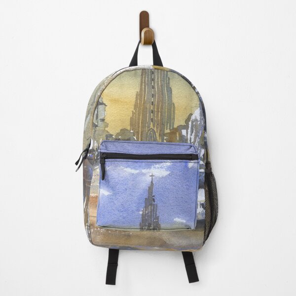 Item preview, Iceland Hallgrimskirkja church in downtown Reykjavik at sunset.  Watercolor painting Iceland designed and sold by rfoxphoto.