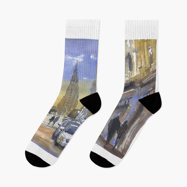 Item preview, Iceland Hallgrimskirkja church in downtown Reykjavik at sunset.  Watercolor painting Iceland designed and sold by rfoxphoto.