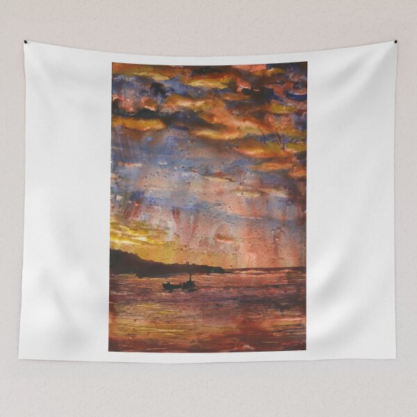 Item preview, Valparaiso, Chile colorful sunset over bay.  Watercolor painting Valparaiso Chile boat artwork colorful sunset designed and sold by rfoxphoto.