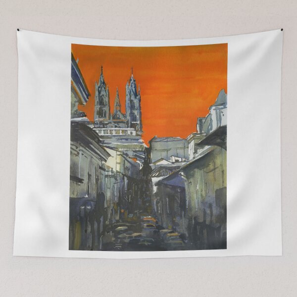 Item preview, Basilica del Voto Nacional rising above colonial buildings of Quito, Ecuador.  Watercolor painting Quito Ecuador  designed and sold by rfoxphoto.