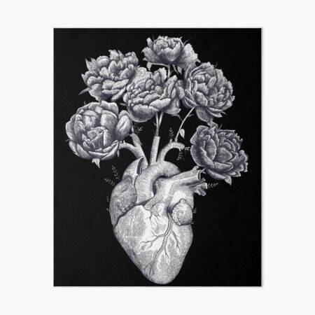 Heart with peonies B&W on black Art Board Print