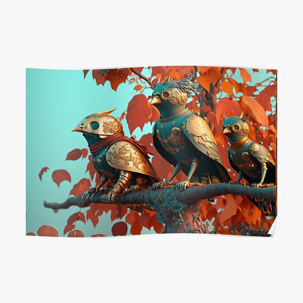 Birds wearing Medieval Armor on the look out for Cats Poster