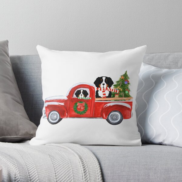Christmas Bernese Mountain Dog Red Truck Throw Pillow