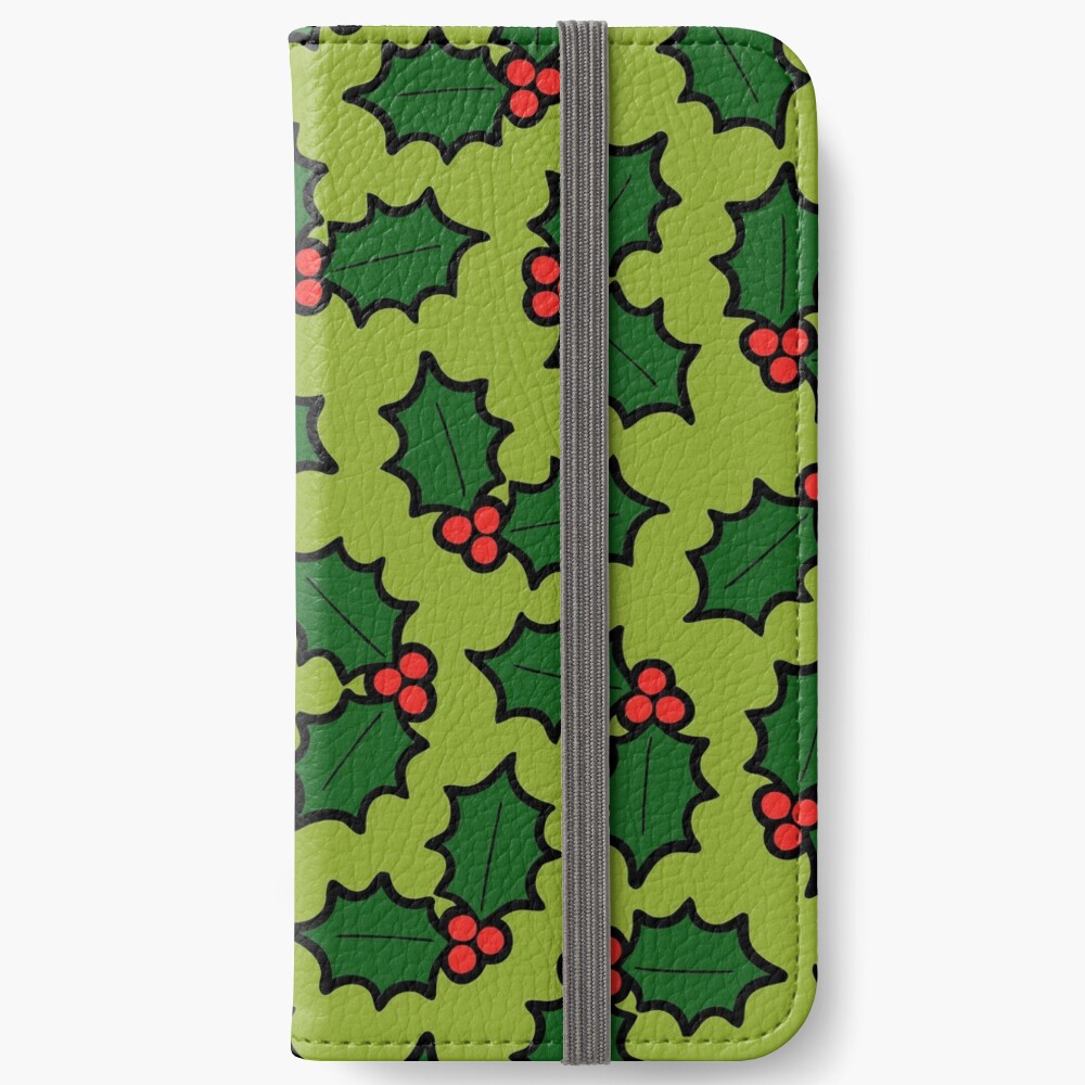 Holly Leaves and Berries Pattern in Light Green iPhone Wallet