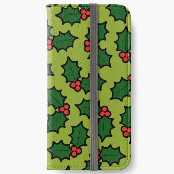 Holly Leaves and Berries Pattern in Light Green iPhone Wallet