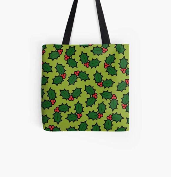 Holly Leaves and Berries Pattern in Light Green All Over Print Tote Bag