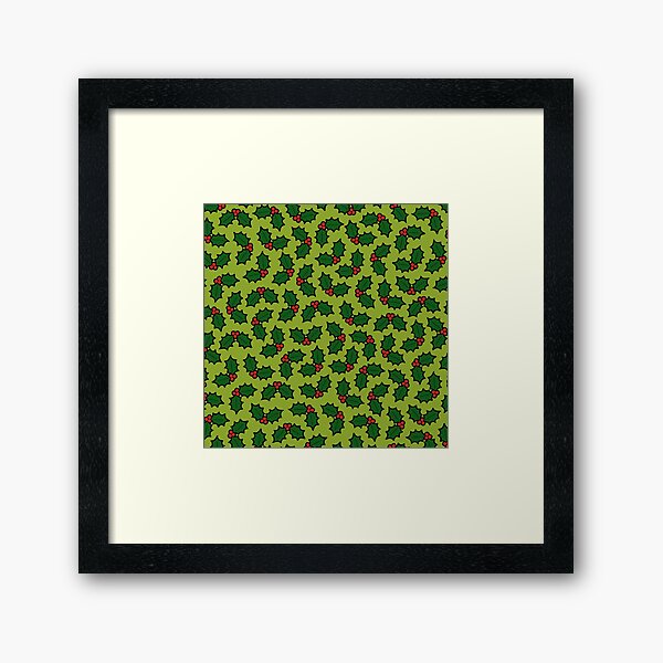 Holly Leaves and Berries Pattern in Light Green Framed Art Print