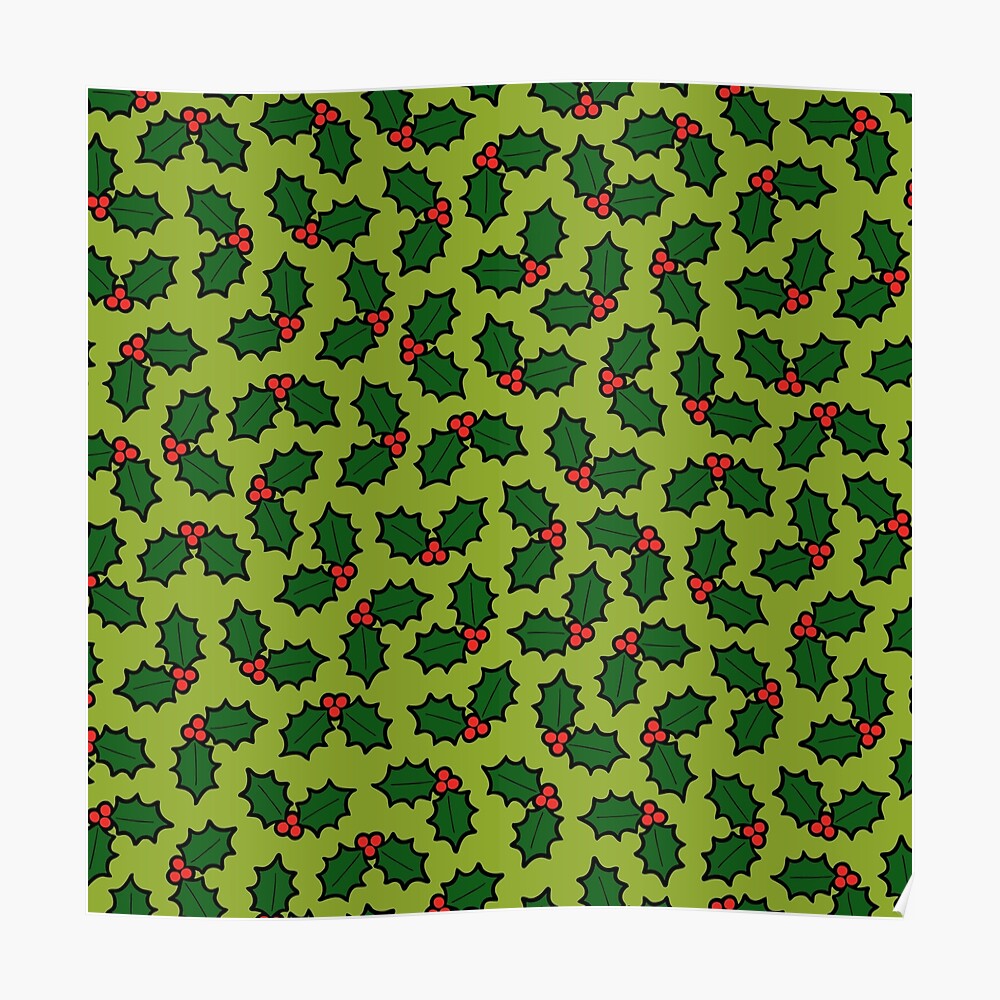 Holly Leaves and Berries Pattern in Light Green Poster
