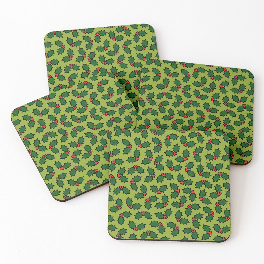 Holly Leaves and Berries Pattern in Light Green Coasters (Set of 4)