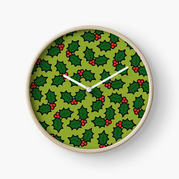 Holly Leaves and Berries Pattern in Light Green Clock