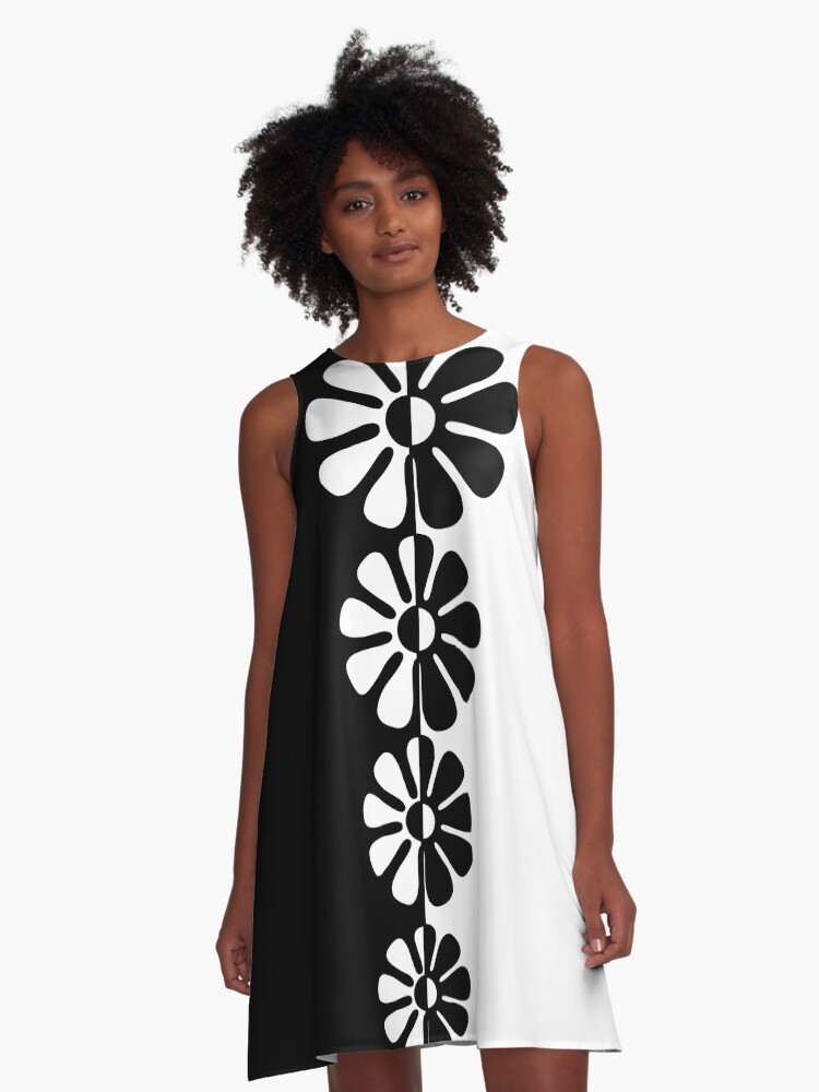 Thumbnail 1 of 4, A-Line Dress, 1960's Bold Retro Mod Flowers in Black and White designed and sold by MellowCat.