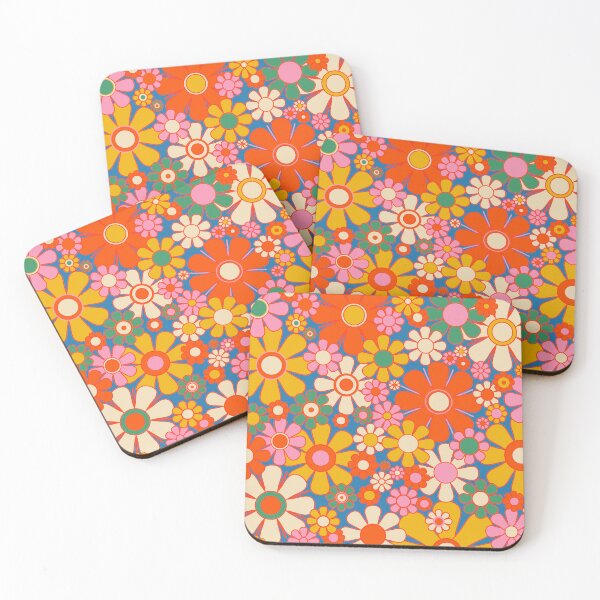 Item preview, Retro Garden Flowers Colorful 60s 70s 90s Floral Pattern Blue Orange Red Mustard Yellow Green designed and sold by kierkegaard.