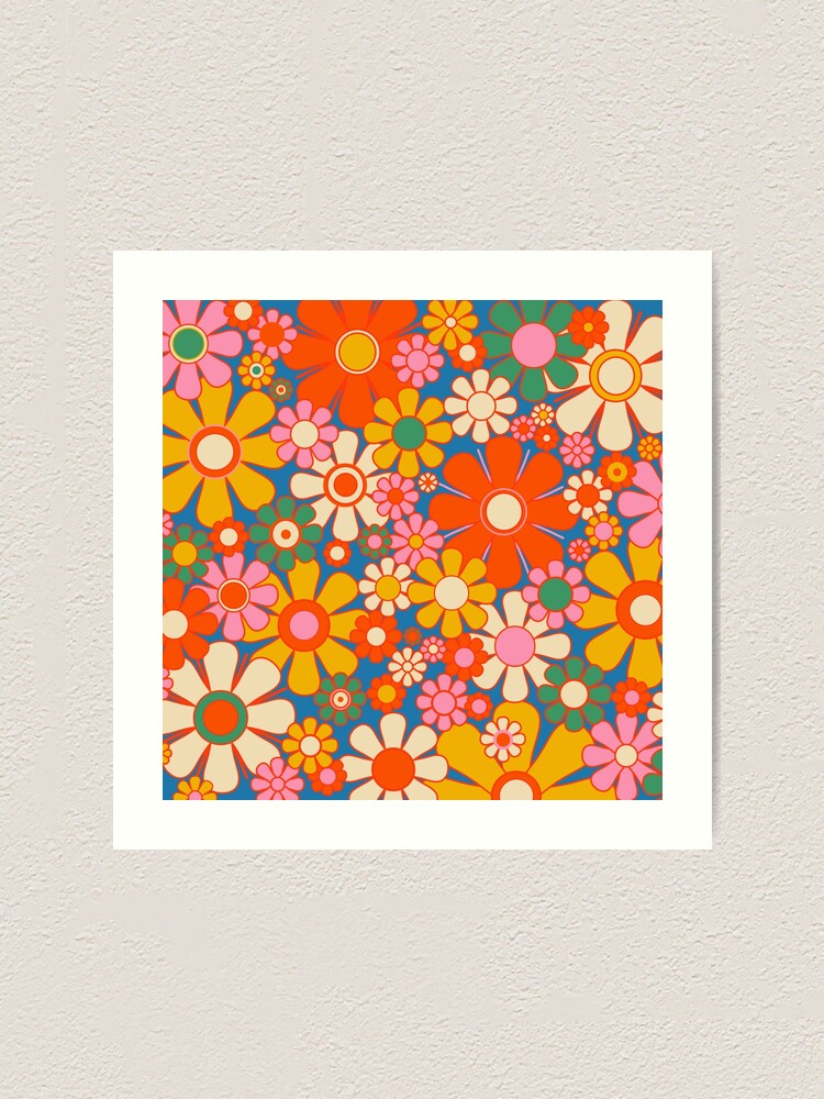 Retro Garden Flowers Colorful 60s 70s 90s Floral Pattern Blue