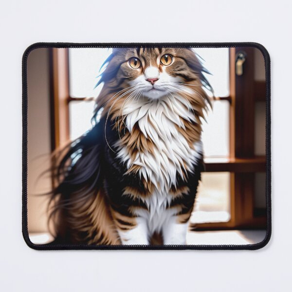Item preview, A plush long-haired cat with rich fur, golden eyes and exquisite detail standing in a room designed and sold by AlePosters.