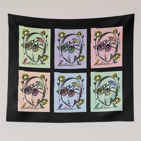 Item preview, Hello Darlin Abstract Face with Glasses and Flowers Line Art Six Block Rainbow Design designed and sold by SleepingInCo.