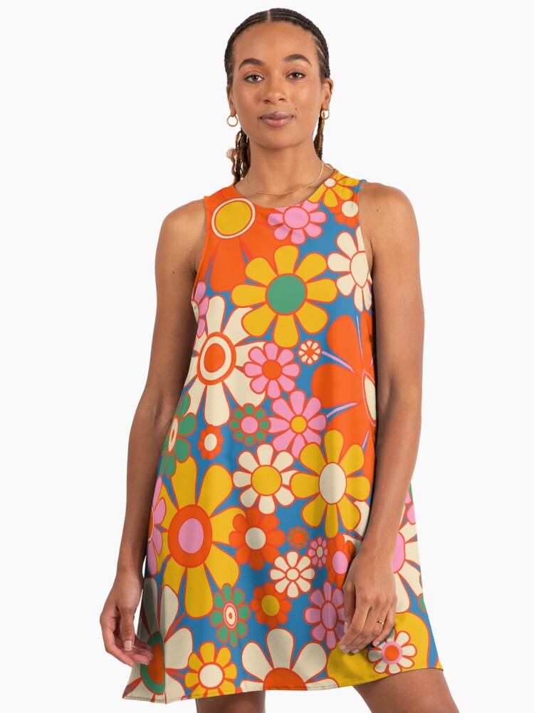 Retro Garden Flowers Colorful 60s 70s Floral Pattern 2 Blue Orange Red Mustard Yellow Green Flower A-Line Dress