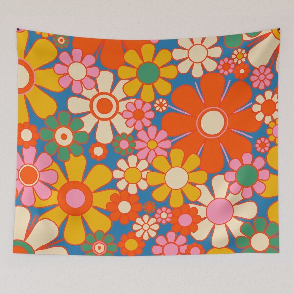 Item preview, Retro Garden Flowers Colorful 60s 70s Floral Pattern 2 Blue Orange Red Mustard Yellow Green designed and sold by kierkegaard.